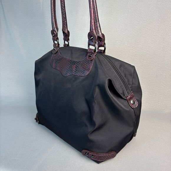 Rebecca Minkoff Purse Shoulder Bag Black Nylon Tote with Red Snakeskin & Spikes - Picture 7 of 12